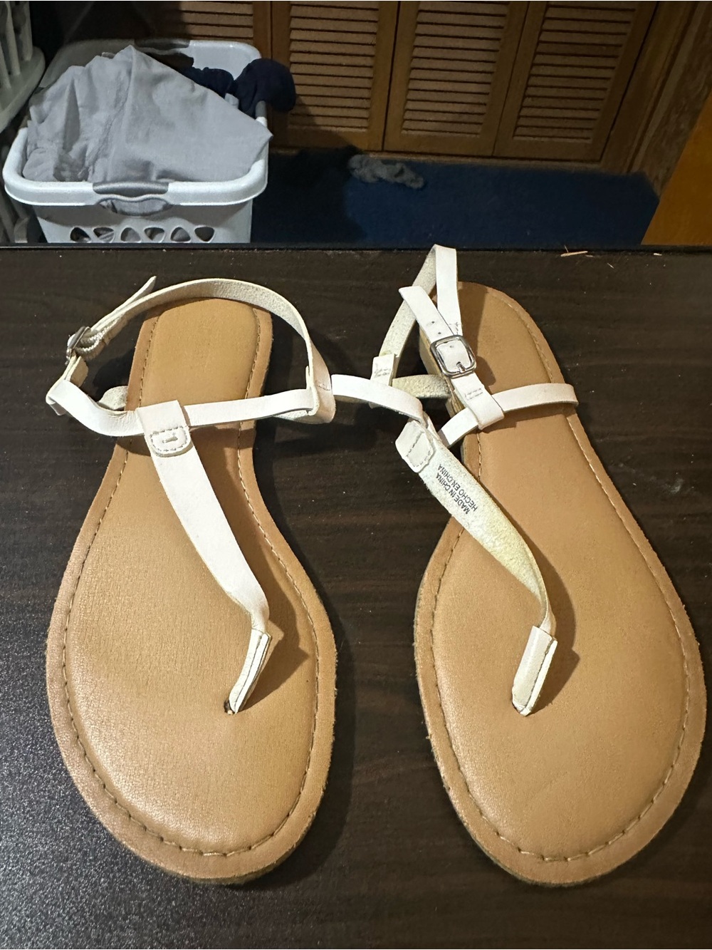 Old Navy White T-Strap Sandals with Tan Footbed